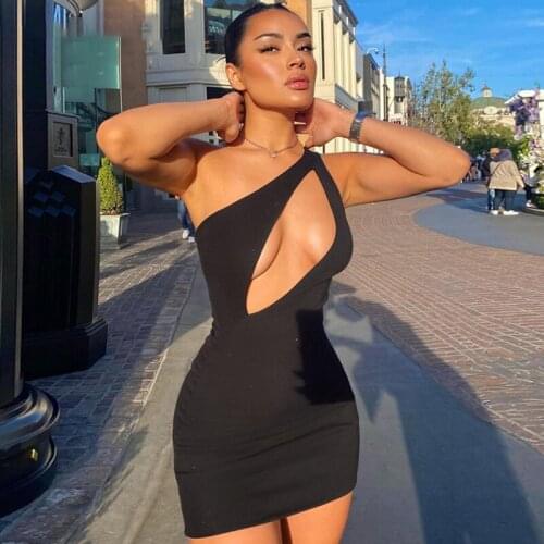 One-shoulder Dress Tailoring Diagonal Collar Tight Mini Dress Black And White Sexy Party Nightclub Womens Summer 2021
