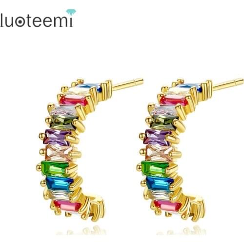 LUOTEEMI Semi-annular Stud Earrings for Women Colorful Cubic Zircon Fashion statement Jewelry Dating Party Christmas Aretes Gift