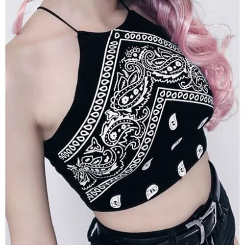 Sexy Women Tank Tops Halter Backless Bandage Printed Sleeveless Spaghetti Strap Camis Black Bustier Tube Crop Top Tee Shirt