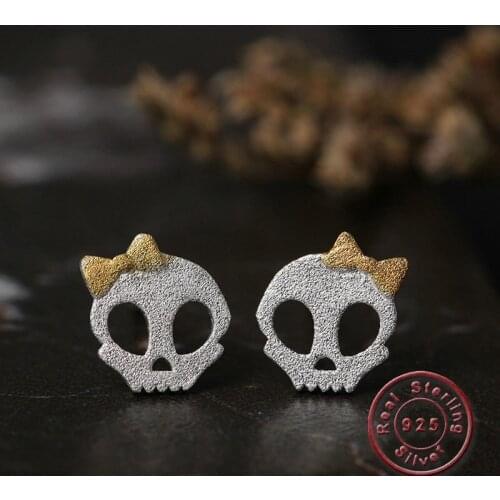 Amxiu 100% 925 Sterling Silver Stud Earrings Small Bowknot Skull Earrings For Women Men Daily Ear Piercings Accessories Bijoux