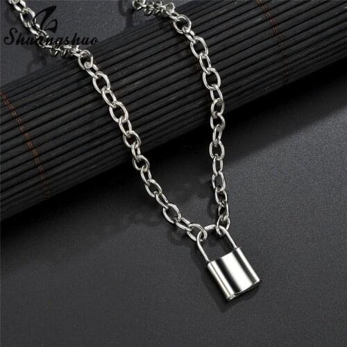 Shuangshuo Hiphop Choker Lock Necklace Punk Rock Padlock Pendant Necklace Statement Jewelry for Women Link Chain colar feminino