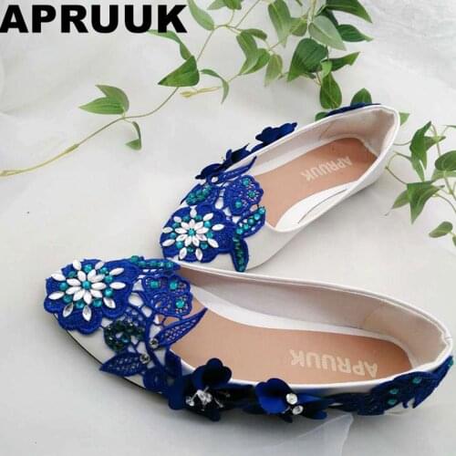 Blue lace wedding shoes bride fashion new design 2018 handmade plus size crystal rhinestones blue lace bridal wedding shoes