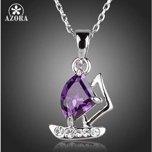 AZORA Unique Sail Boat Design With Purple Cubic Zirconia Pendant Necklace TN0146