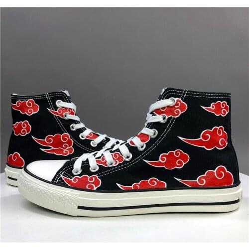 Wen Anime Hand Painted Shoes Naruto Shippuuden Akatsuki Red Clouds Women Men High Top Black Canvas Sneakers