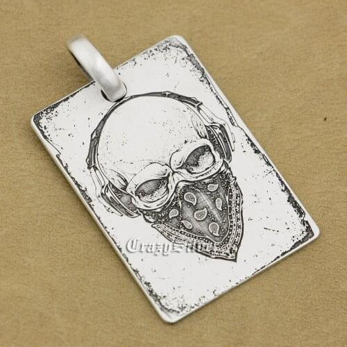 High Detail Deep Engraved 925 Sterling Silver Skull Dog Tag Mens Biker Rocker Punk Pendant 9X001