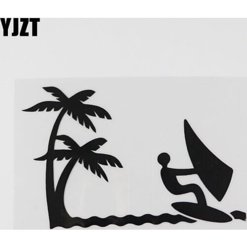 YJZT 13.4CMX9.2CM Cartoon Palm Tree Windsurfing Decal Vinyl Car Sticker Black/Silver 8A-0844