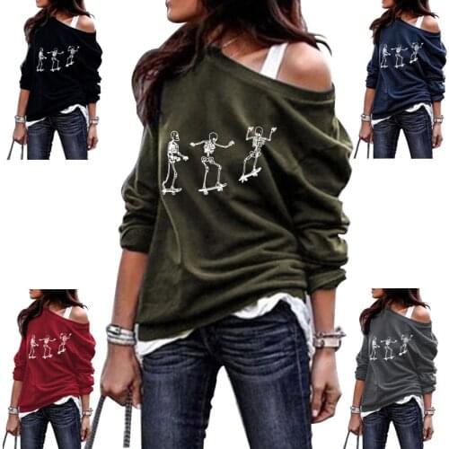 2021 Autumn Halloween Pullover Women T Shirt One Shoulder Long Sleeve Casual Skeleton Butterfly Print Sweatshirts Fall T-shirt
