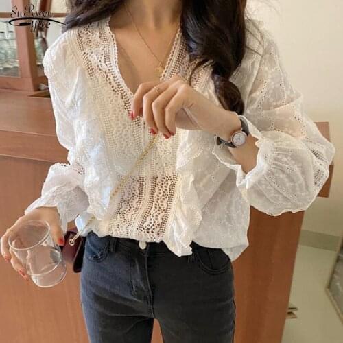 Spring New Korean Plus Size Lace Patchwork Sweet Shirt V-neck White Blouse Women Long Sleeve Hollow Out Solid Slim Tops 13495