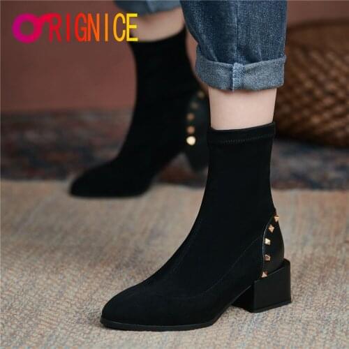 Orignice Autumn Winter Women Flock Ankle Boots Fashion Sexy Round Toe Square High Heels Rivet Design Party Shoes Big Size 34-43