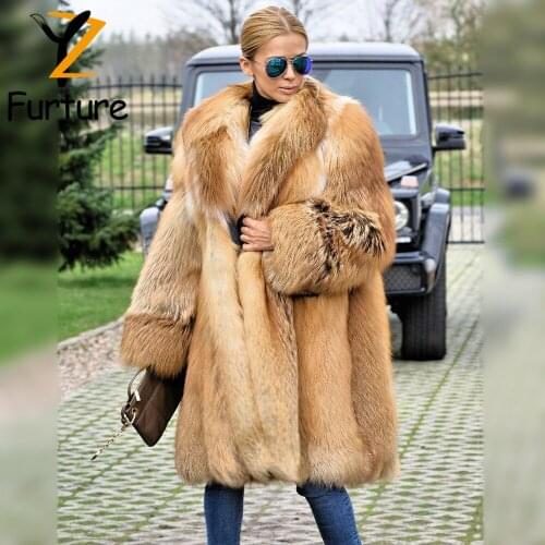 YZ Winter Real Red Fox Fur Coat With Thick Fur Collar Women Luxury Fox Fur Coat Natural Fox Fur Hooded Coats 90cm Long Outerwear