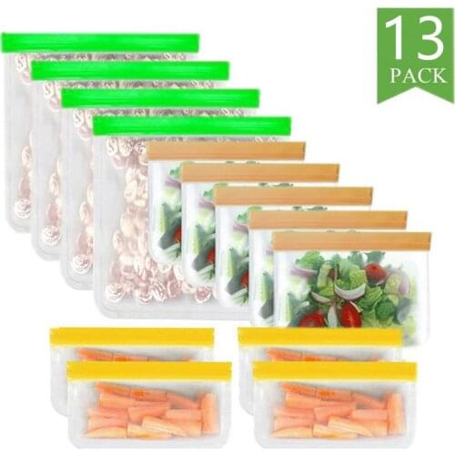 13Pcs/Set Silicone Food Bag Frosted PEVA Silicone Food Fresh-keeping Bag Vegetable Sealed Bag Leak-proof Food Storage Store Bag