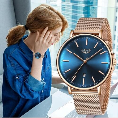 2021Modern Fashion Blue Clock Quartz Watch Women Mesh Stainless Steel Watchband High Quality Casual Wristwatch Gift for Female