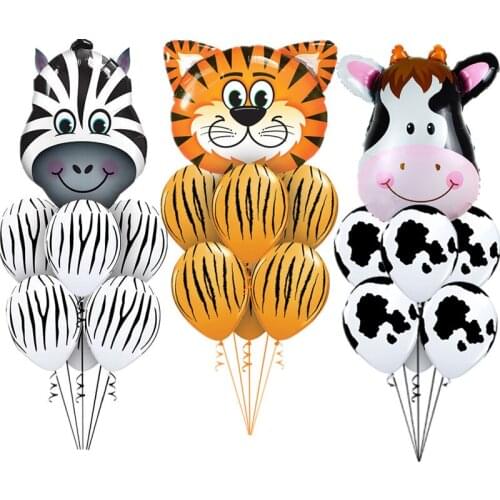 7pcs/lot Tiger Zebra Cow Animals Head Air Helium Latex Balloons Kids Gift Birthday Party Decor Zoo Theme Supplies Toys
