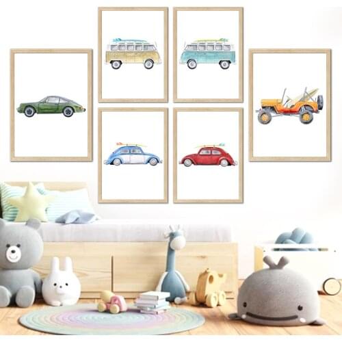 Watercolor Cartoon Car Minimalist Nursery Wall Art Canvas Painting Nordic Posters And Prints Wall Pictures Child Room Home Decor