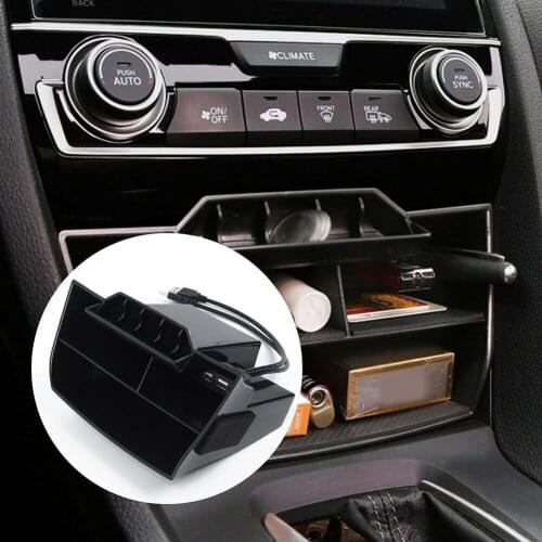 Car Black ABS Inner Console Central Storage Box USB Port For Honda Civic 2016 2017 2018 2019