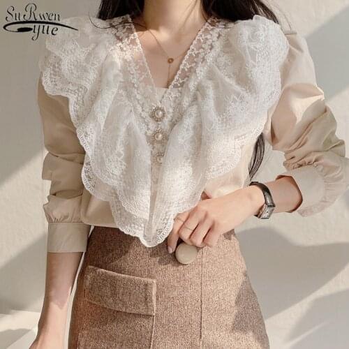 Korean Chic Blouse Spring Vintage V-neck Double-layered Lace Shirt Women Lace Stitched Loose Long-sleeved Shirt Top 13721