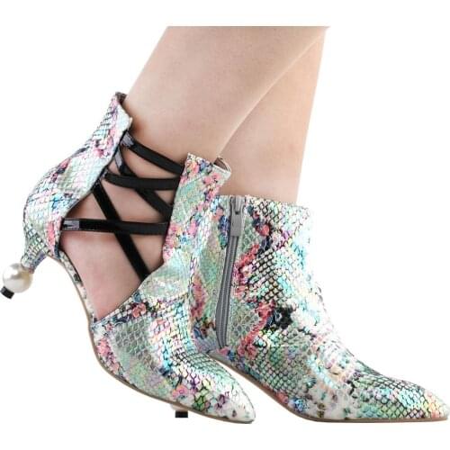 LF60435 SHOW STORY Retro Snakeskin Print Strappy Cut-Out Pointed Toe Exquisite Pearl Heel Dress Ankle Bootie