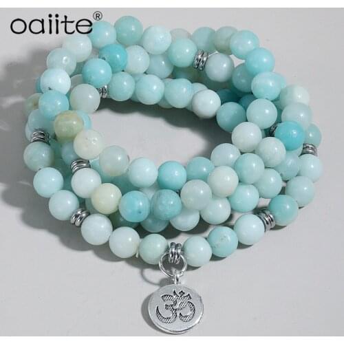 8MM Natural Stone Amazonite Mala Bracelet Lotus Pendant Bracelets Men Women Unisex 108 Prayer Beads Necklace Yoga Healing Jewery
