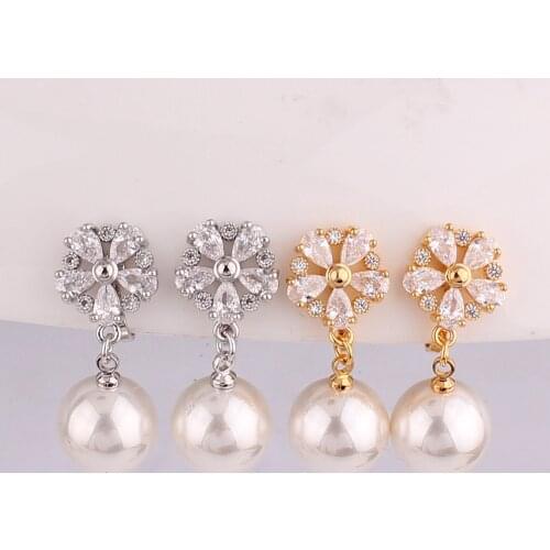 Grace Jun High Quality Faux Pearl AAA Cubic Zircon Flower Clip on Earrings for Women Luxury Fashion Bride Wedding Ear Clip New