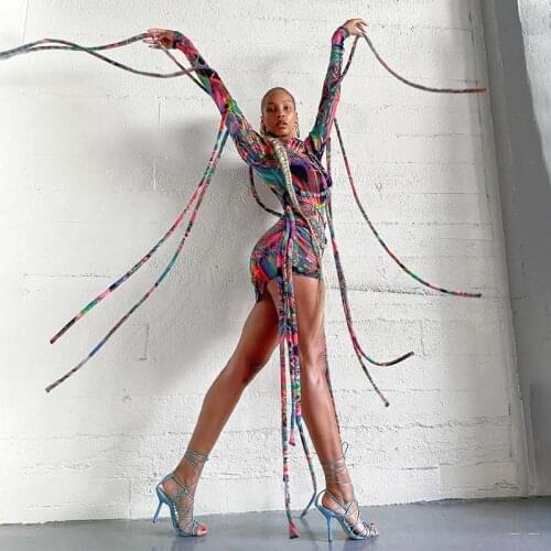 Chicology 2021 Long Sleeve Turtleneck Ribbon Print Bandage Mesh Mini Dress Spring Summer Women Fashion Streetwear Outerwear