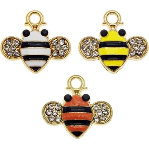 Julie Wang 3PCS Enamel Bee Charms Mixed Colors Alloy Cartoon Rhinestone Honeybee Pendant Bracelet Jewelry Making Accessory