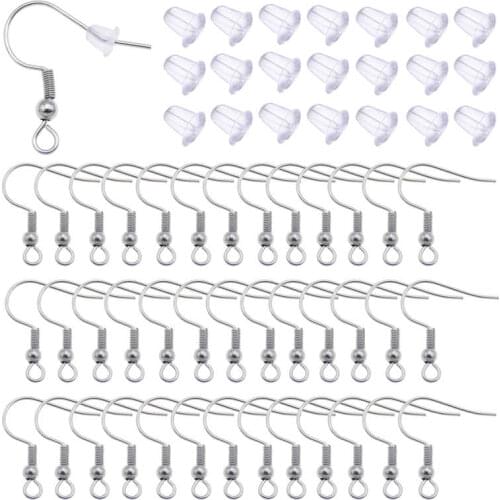Julie Wang 50PCS Ear Wire Hooks Stainless Steel Iron Earrings Clasps With Earring Stopper Back Jewelry Making Accessory