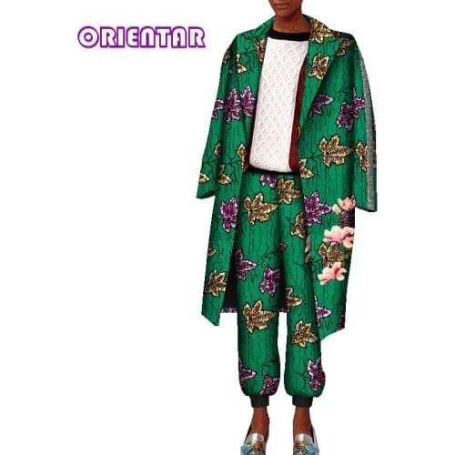 2 Pcs Set African Clothes for Women African Print Cotton Long Sleeve Coat and Pants Bazin Riche Women Clothing Outfits WY8771