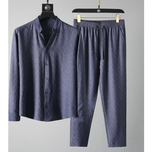 Summer light casual suit mens 2021 new Lapel shirt long sleeve trousers breathable mens two piece suit