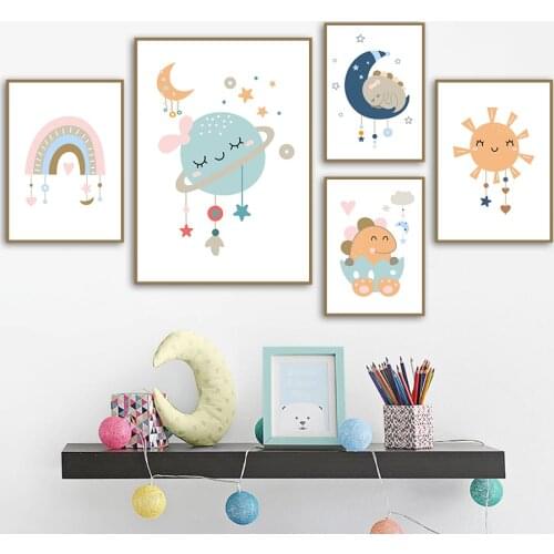 Cute Cartoon Rainbow Dinosaur Planet Sun ​Wall Art Canvas Painting Nordic Posters And Prints Wall Pictures Baby Kids Room Decor