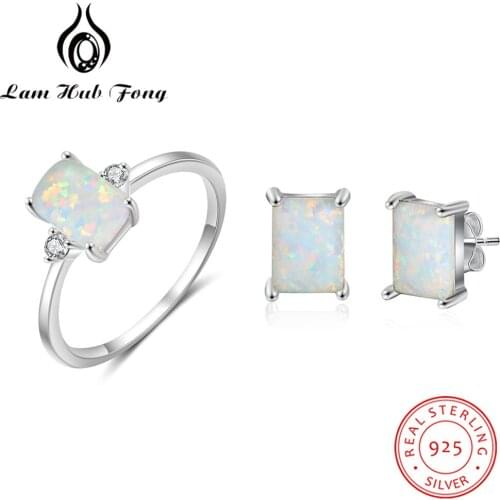 925 Sterling Silver Jewelry Sets for Women Rectangular Opal Stone Rings Earrings Anniversary Engagement Jewelry (Lam Hub Fong)