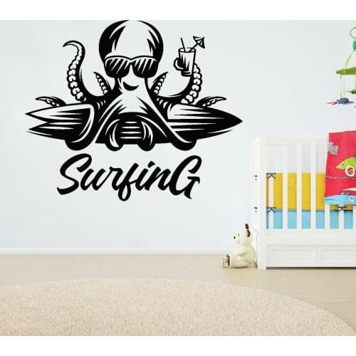 Surfing Wall Stickers Octopus In Glasses Surfboard Beach Vinyl Wall Decals Home Decoration Accessories For Living Room Z262