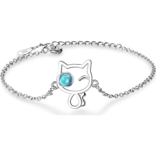 New Korean style female cute sweet art small fashion wild blue crystal kitten silver plated bracelets JO029