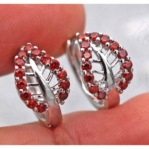New Leaf Earrings for Women White Gold Filled Hollow Leafage Earring with Red Zircon Vintage Hoop Earrings Wedding Jewelry