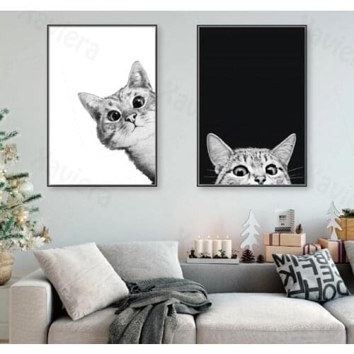 Canvas Prints Cartoon Painting Cute Black White Cat Poster Wall Art Animal Decoration Picture for Home Living Room Bedroom Mural