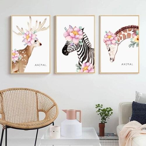 Flower Animal Poster Deer Zebra Giraffe Canvas Painting Nordic Posters and Prints Wall Art Pictures for Living room Home Decor