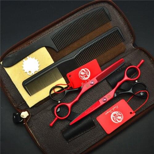 4Pcs Suit 5.5'' Red 440C Professional Human Hair Scissors Hairdressing Scissors Cutting Shears + Thinning Scissors + Comb Z1013