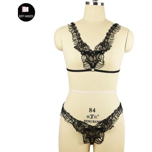 Sexy black women Rose harness suit Handmade Harajuku Gothic lace cage bra body bondage lingerie fetish wear T-back body harness