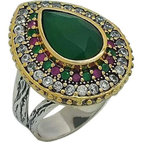 Silver Drop Design Emerald Green Cubic Zirconia Hurrem Sultan Authentic Adjustable Womens Ring Model