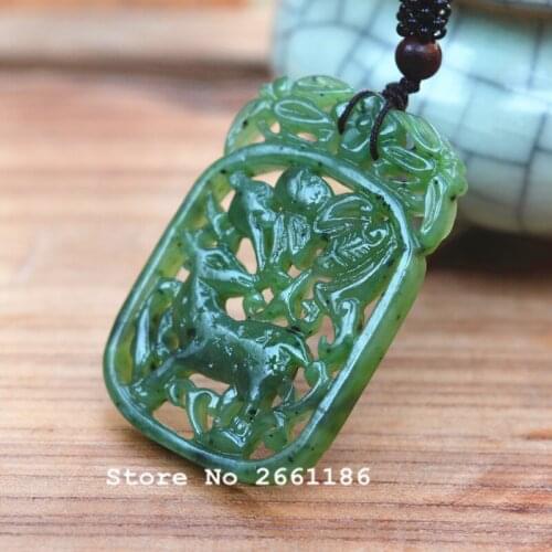 Certificate) Natural Green Hetian Jades Pendant Carved Animal Plum Blossom and Sika Deer Gift for Women Stone Jewelry Free Rope