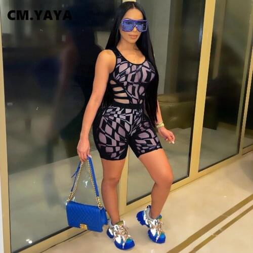CM.YAYA Streetwear Active Mesh See Though Print Women Two 2 Piece Set Outfit Crop Tops and Shorts Matching Set beach Tracksuit