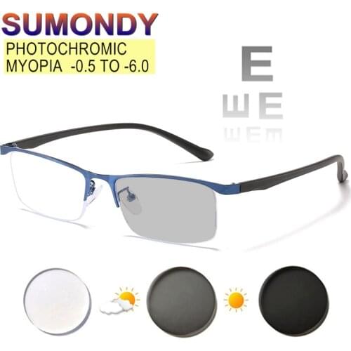 SUMONDY Photochromic Myopia Glasses Prescription -0.5 TO -6.0 Women Men Customized Alloy Half Frame Nearsighted Eyeglasses UF125