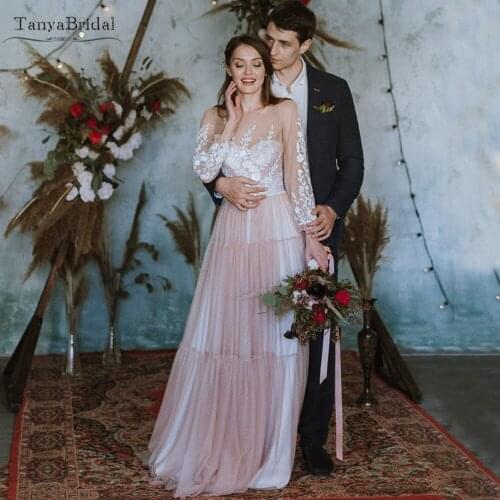 Dot Tulle Long Bishop Sleeve Wedding Dress Sheer Button Back Ivory Nude Boho Dreamy Engagement Gowns A Line Bridal Dress DW486