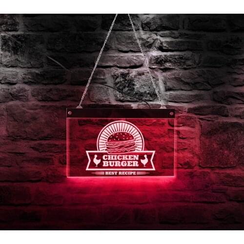 Chicken Burger Best Recipe LED Neon Sign Fast Food Hamburger Restaurant Business Logo Acrylic Hanging Night Light Lamp Board