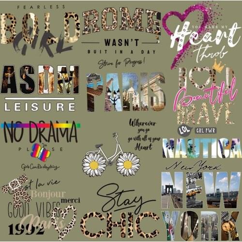 Iron On patches fashionable European and American style architectural inscription letter heat transfer DIY for T-shirt