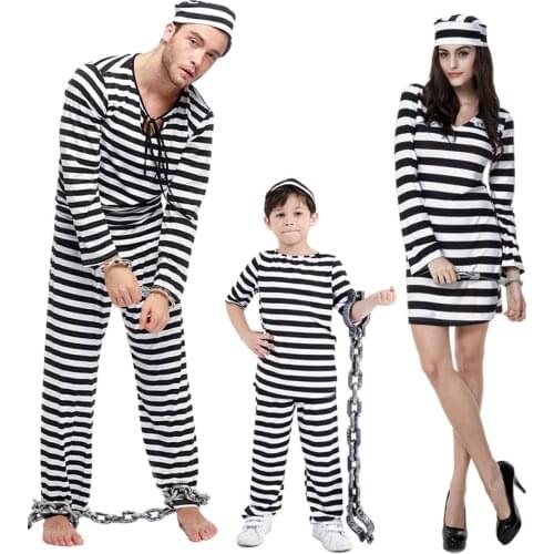 Umorden Women Men Kids Scary Zombie Prisoner Jailbird Costume Black White Striped Halloween Purim Costumes Fancy Dress