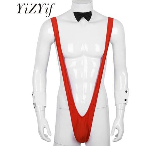 YiZYiF Sexy Mens Mankini Borat Style V Sling Stretch Underwear Suspender Bodysuit Strap Thongs Bodysuit with Bowtie and Cuffs