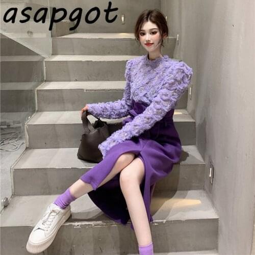 Chic Korean Autumn Purple Lace Blouse Top Slim High Waist Bow Lace Up Waist Split Skirts Fashion Vintage Temperament Gentle Sets