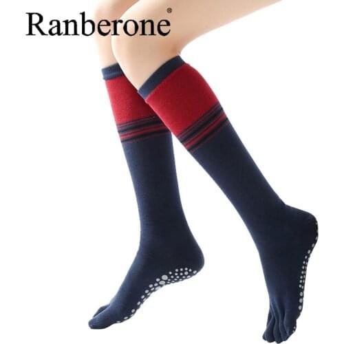 Womens Knee High Sokcs Non Slip Yoga Socks Five Toes &Toeless Anti-Skid Pilates Ballet Dance Running Sports Travel Stocking