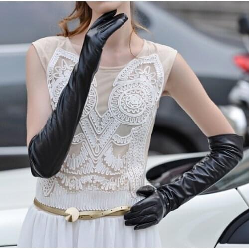 Autumn and winter womens Lengthen sheepskin genuine leather gloves ladys thermal warm long black leather gloves