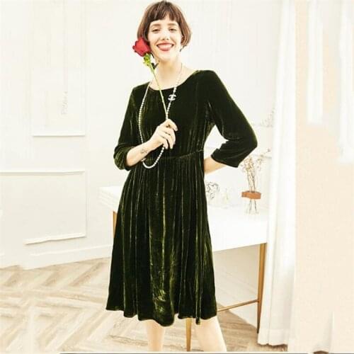 Large Size velvet dress womens autumn winter casual three quarter sleeve dress solid o-neck vintage vestidos dress m-7xl